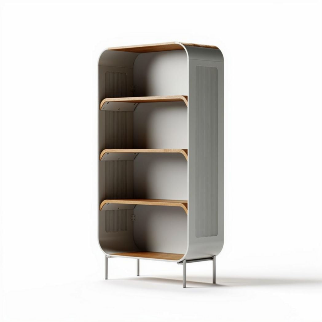 Bibliothèque en métal gris et bois naturel dimensions 50 x 30 x 120cm pour rangement moderne