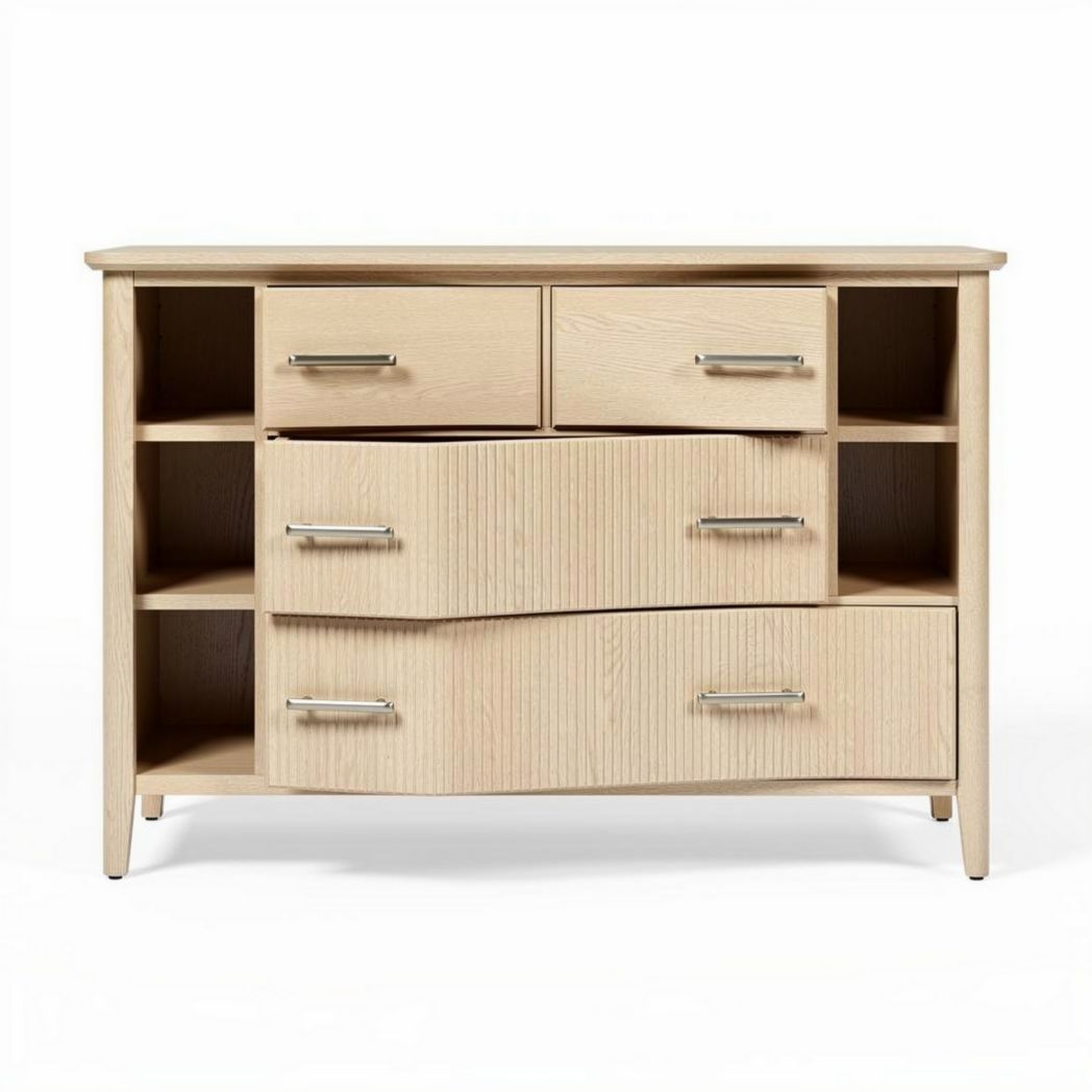 Commode en bois clair avec tiroirs et étagères de 120 x 40 x 80cm