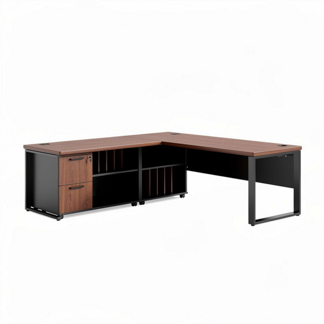 Bureau d'angle en bois et métal avec rangement 180 x 90 x 75cm