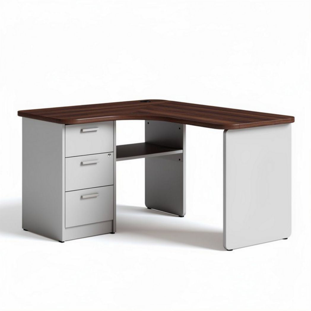 Bureau d'angle en mélamine marron avec trois tiroirs dimensions 150 x 150 x 75cm