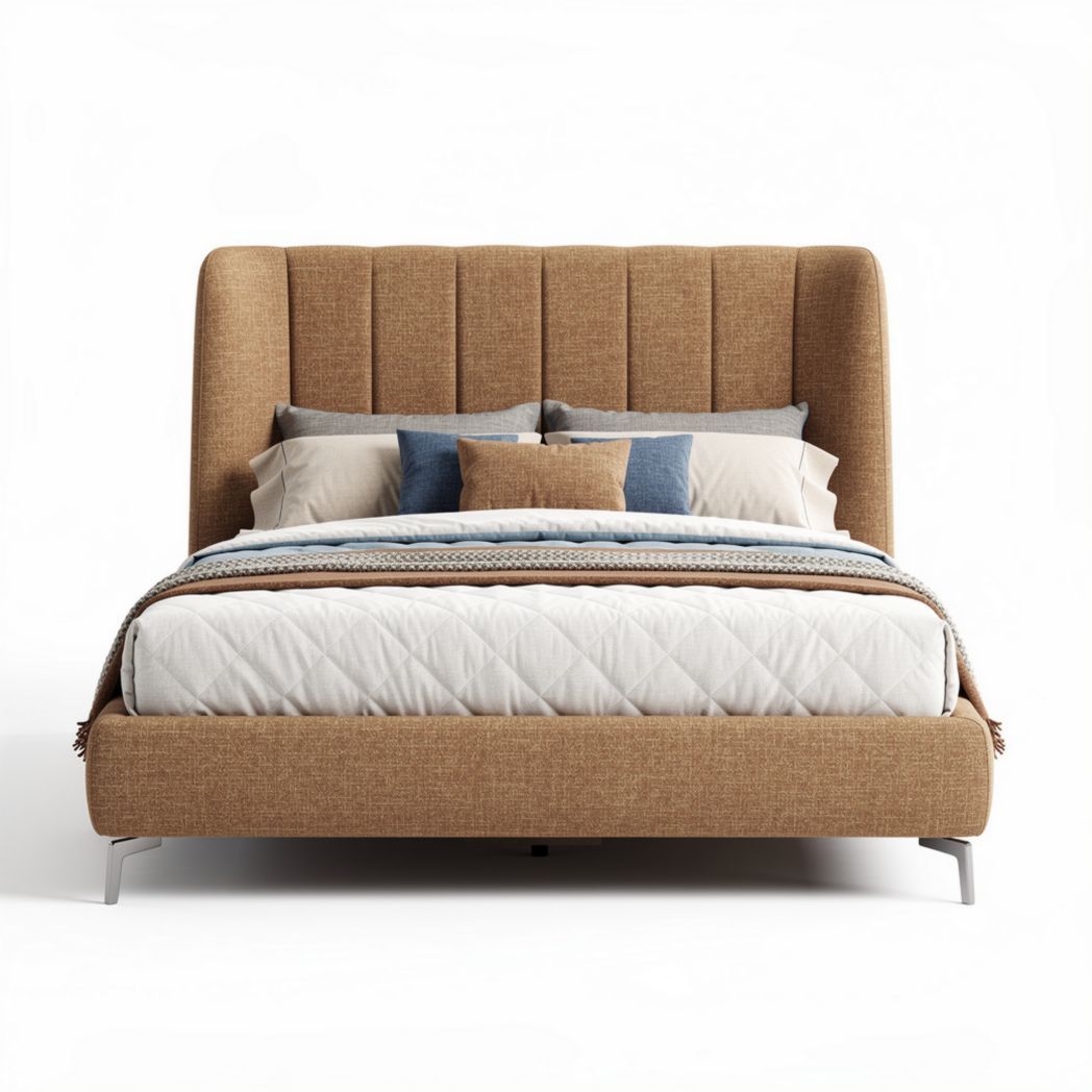 Lit en tissu beige avec tête de lit rembourrée 200 x 160 x 100cm